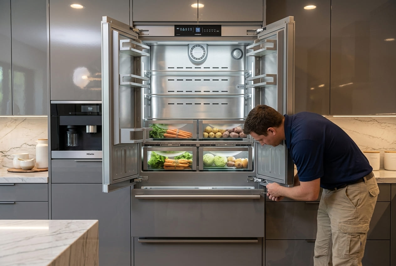 Technician inspecting Liebherr freezer hinge hardware and door position 