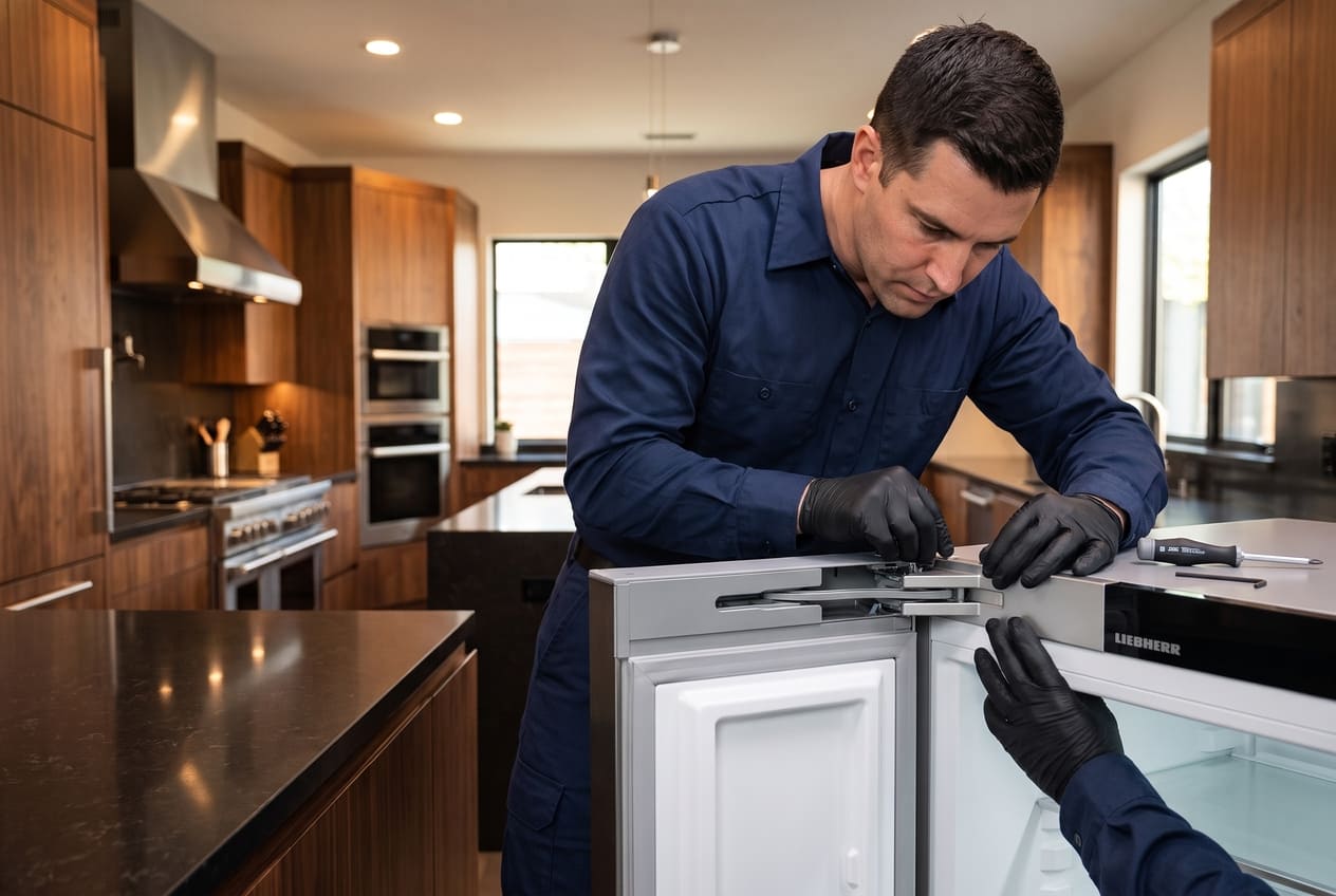 Technician inspecting Liebherr freezer hinge pins, screws, and closer mechanism 