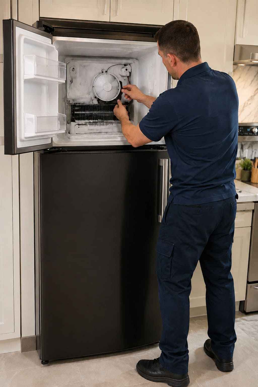 Technician inspecting airflow and fan components inside a Bosch refrigerator 