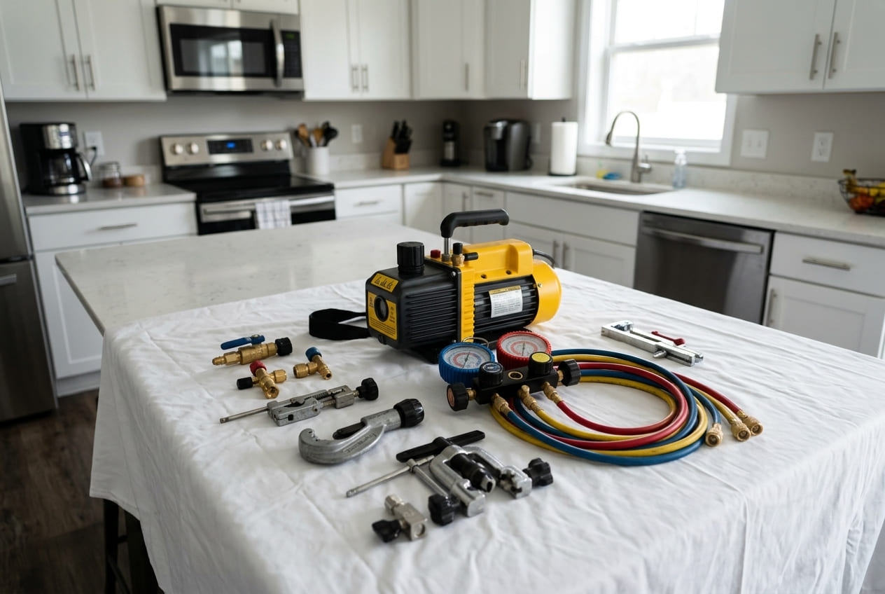 Vacuum pump and refrigerant service tools for Bosch sealed system repair 